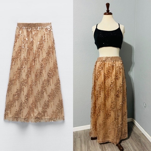 Zara Dresses & Skirts - Zara New Gold High Waist Christmas‎ Long Sequin Skirt Size L A-Line Silhouette